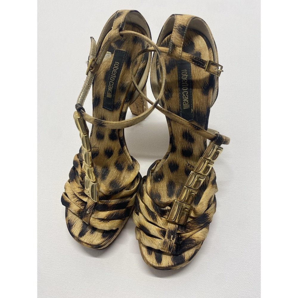 Roberto Cavalli Leopard Print Cork Platform Sandals High Heels T-Strap EU 36 - Picture 3 of 5
